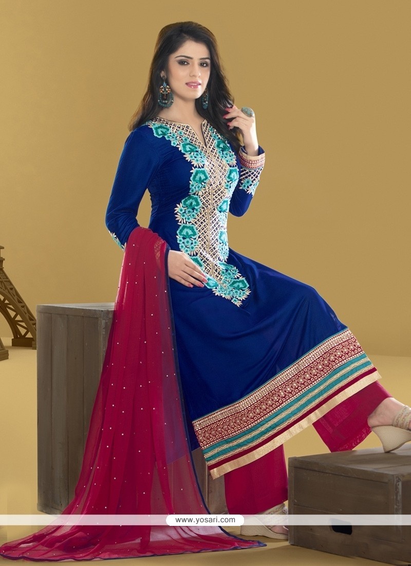 Superlative Resham Work Blue Designer Pakistani Salwar Suit