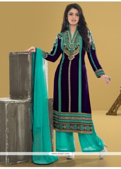 Outstanding Resham Work Velvet Blue Designer Pakistani Suit