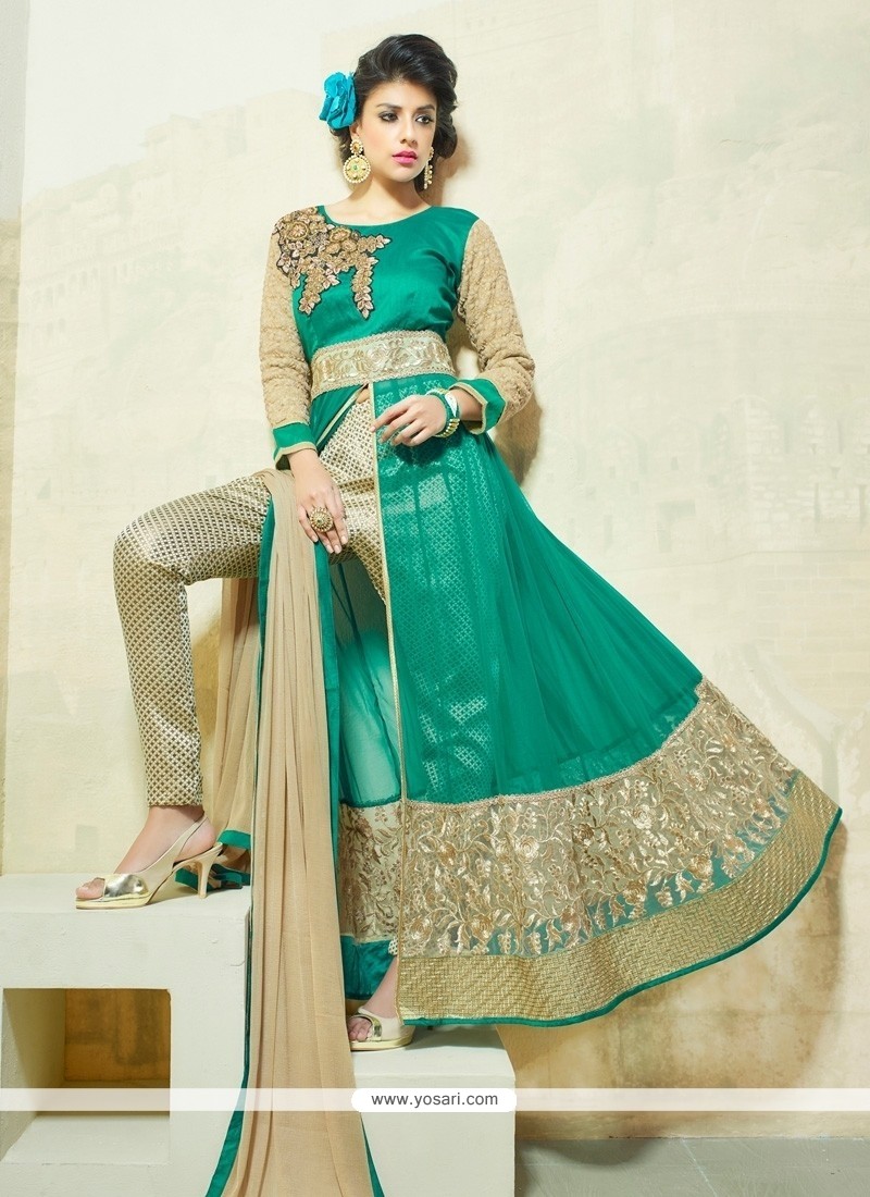 Engrossing Net Beige And Sea Green Resham Work Pant Style Suit