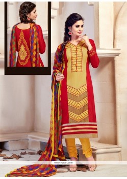 Absorbing Chanderi Red And Yellow Embroidered Work Churidar Designer Suit