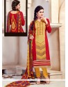 Absorbing Chanderi Red And Yellow Embroidered Work Churidar Designer Suit