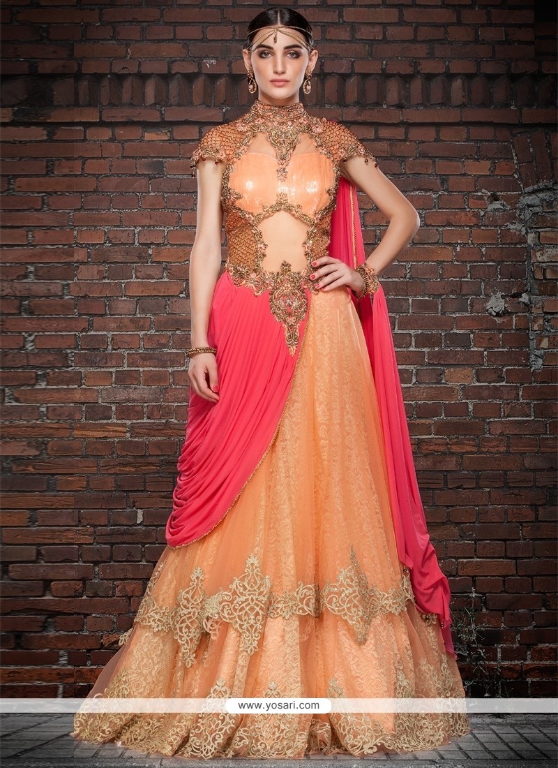 Orange And Peach Georgette Embroidered Work Floor Length Gown