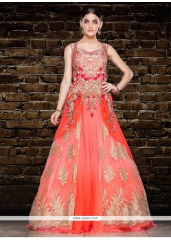 Simplistic Orange And Pink Net Resham Work Floor Length Gown