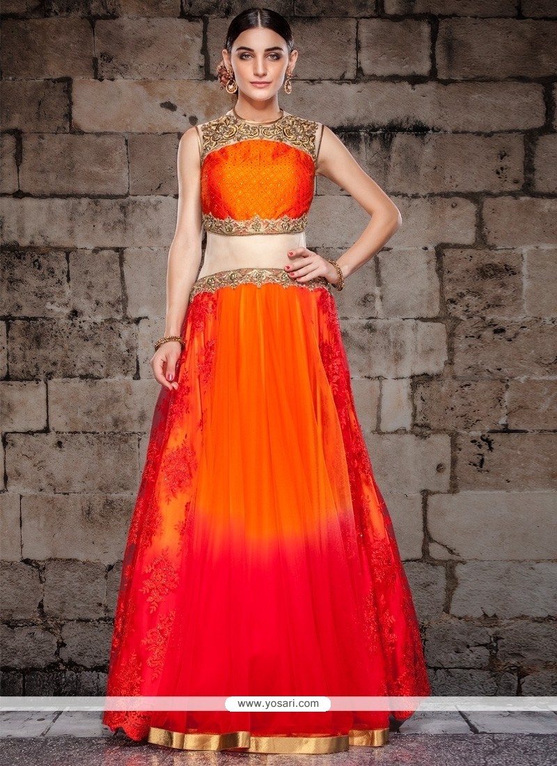 Deserving Net Orange And Red Resham Work Designer Gown