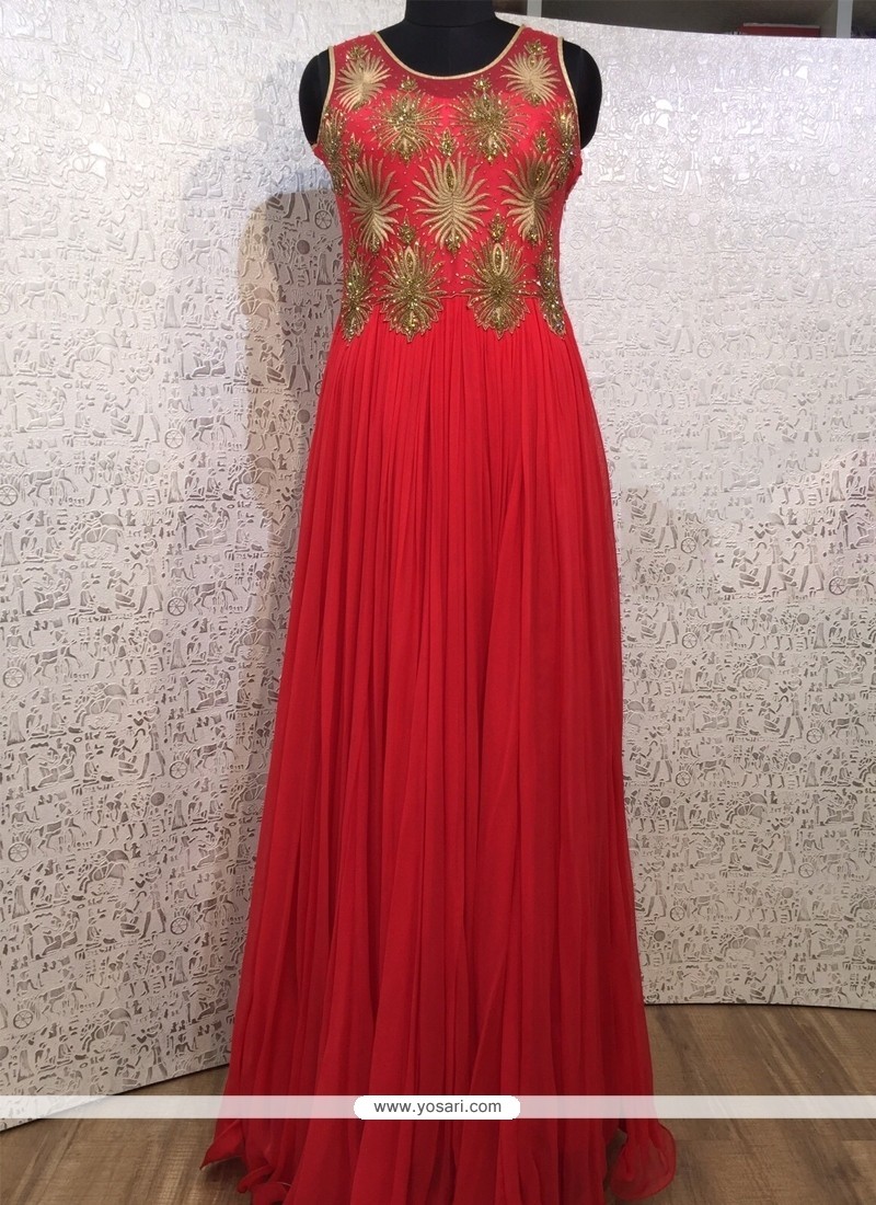 Festal Red Net Resham Work Designer Gown