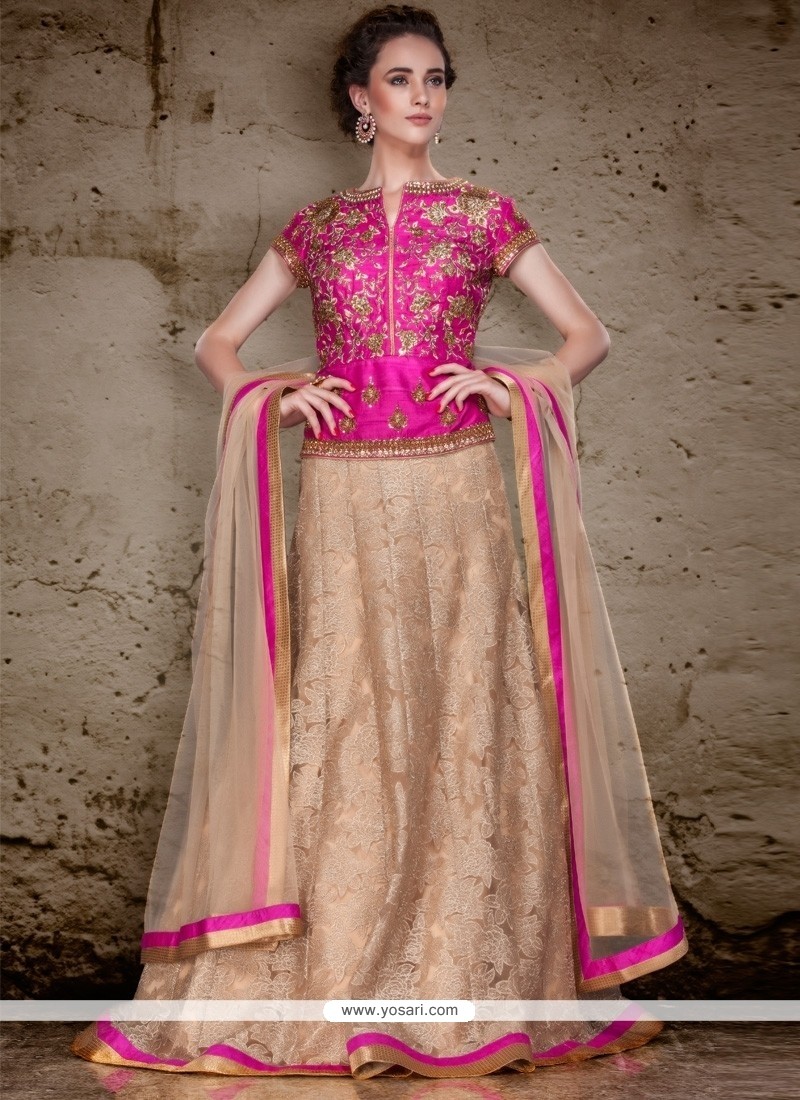 Radiant Pink And Beige Embroidered Work Raw Silk A Line Lehenga Choli