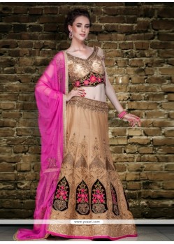 Snazzy Raw Silk Pink And Beige Embroidered Work A Line Lehenga Choli