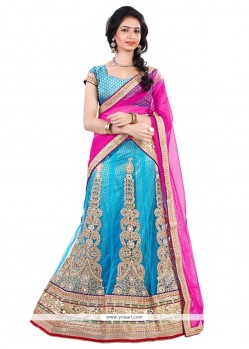 Fascinating Turquoise And Pink Embroidered Work A Line Lehenga Choli