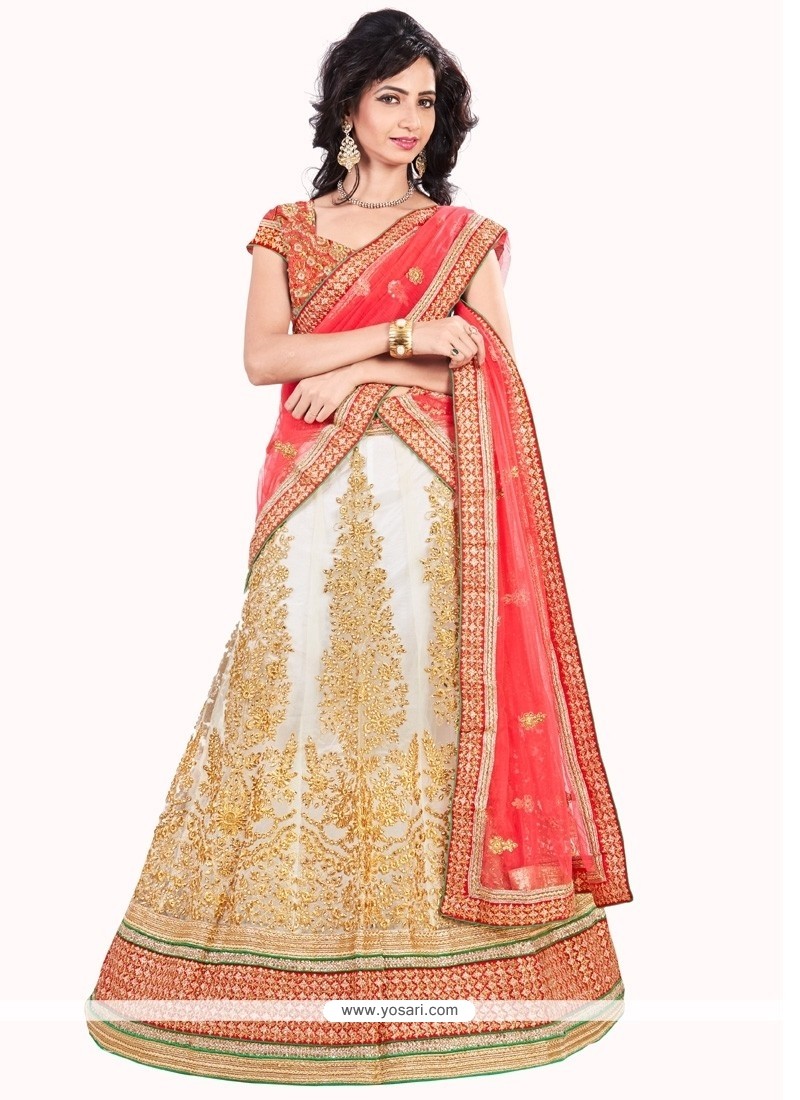 Distinctive Embroidered Work Red And Off White A Line Lehenga Choli