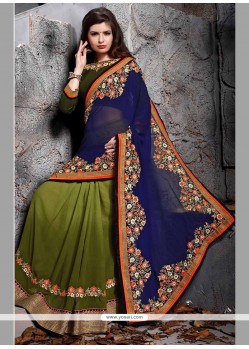 Groovy Embroidered Work Green And Blue Designer Saree