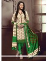 Unique Print Work Cream And Green Banglori Silk Churidar Designer Suit