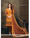 Engrossing Orange Lace Work Banglori Silk Churidar Designer Suit