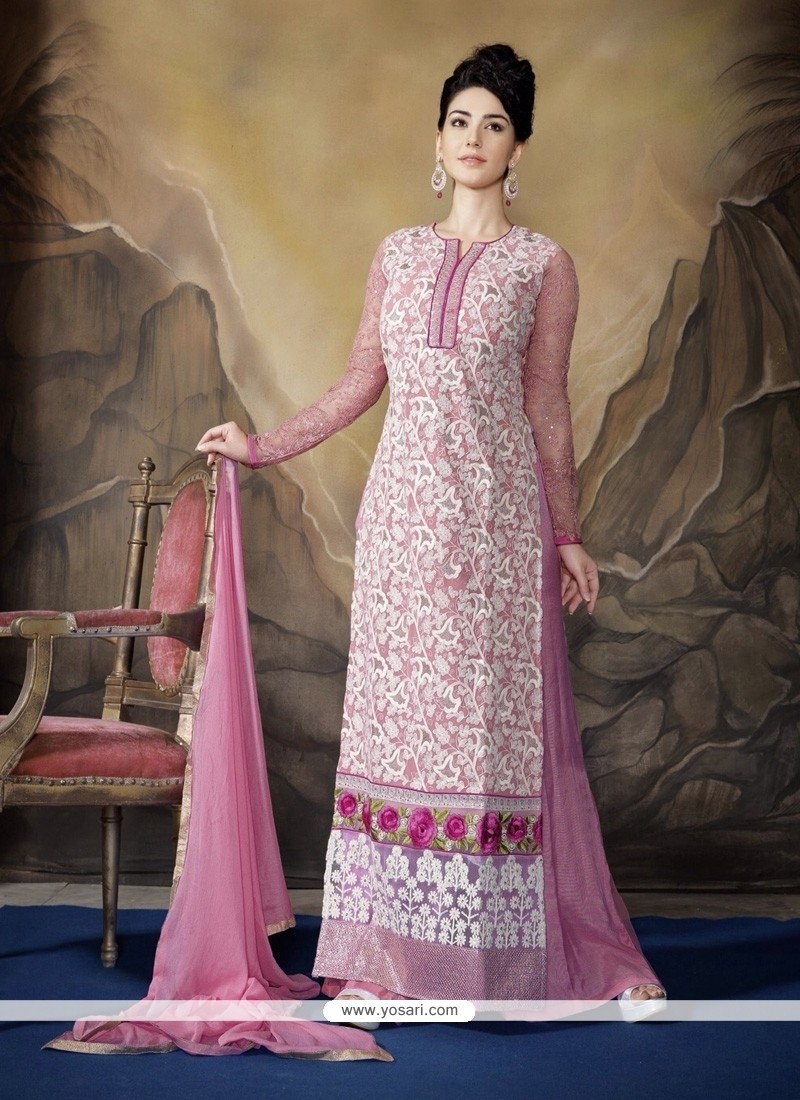 Cherubic Resham Work Pink And White Designer Palazzo Salwar Suit