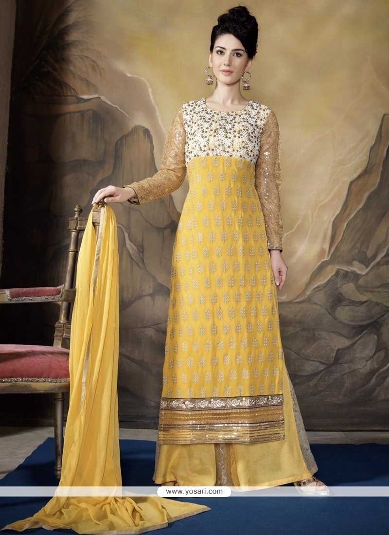 Stylish Yellow Resham Work Designer Palazzo Salwar Suit