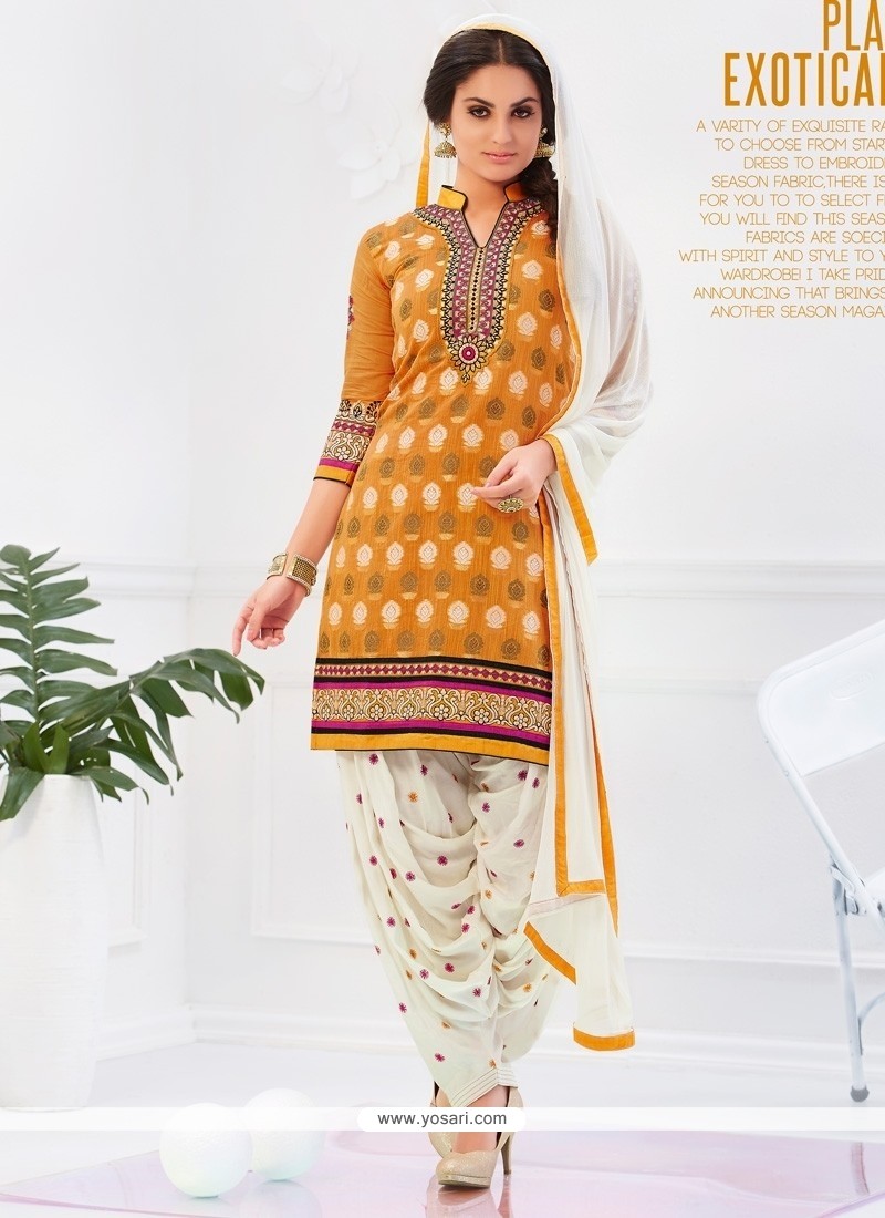 Congenial Yellow Embroidered Work Cotton Designer Patiala Salwar Kameez
