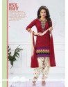 Luxurious Lace Work Cream And Red Cotton Designer Patiala Salwar Kameez