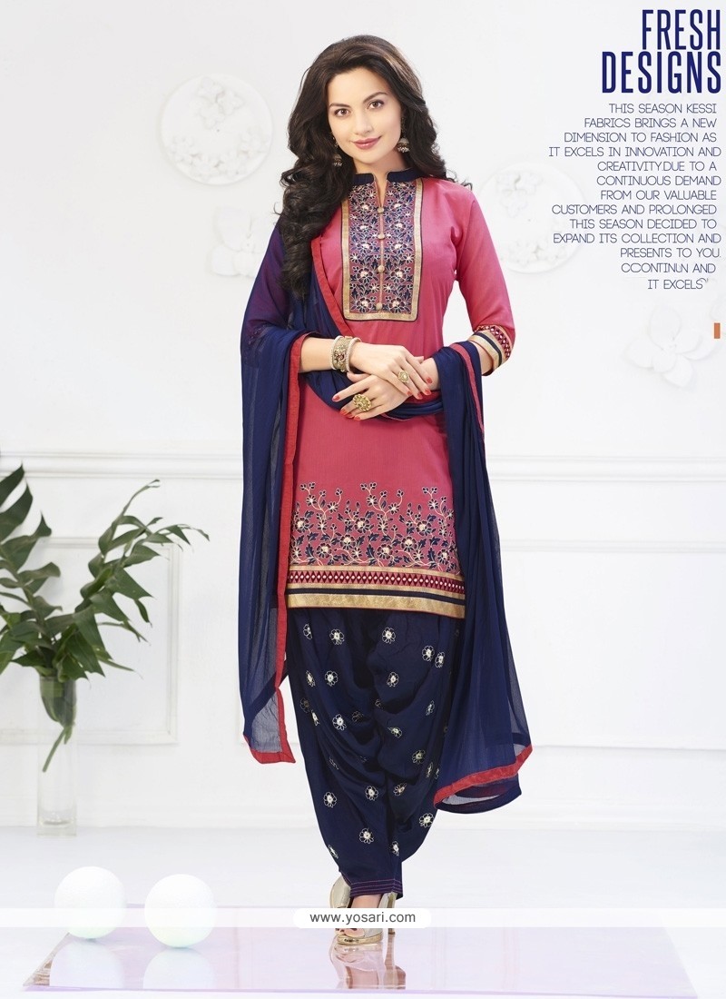 Compelling Navy Blue And Pink Lace Work Cotton Designer Patiala Salwar Kameez