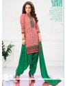 Amusing Lace Work Green And Pink Cotton Designer Patiala Salwar Kameez