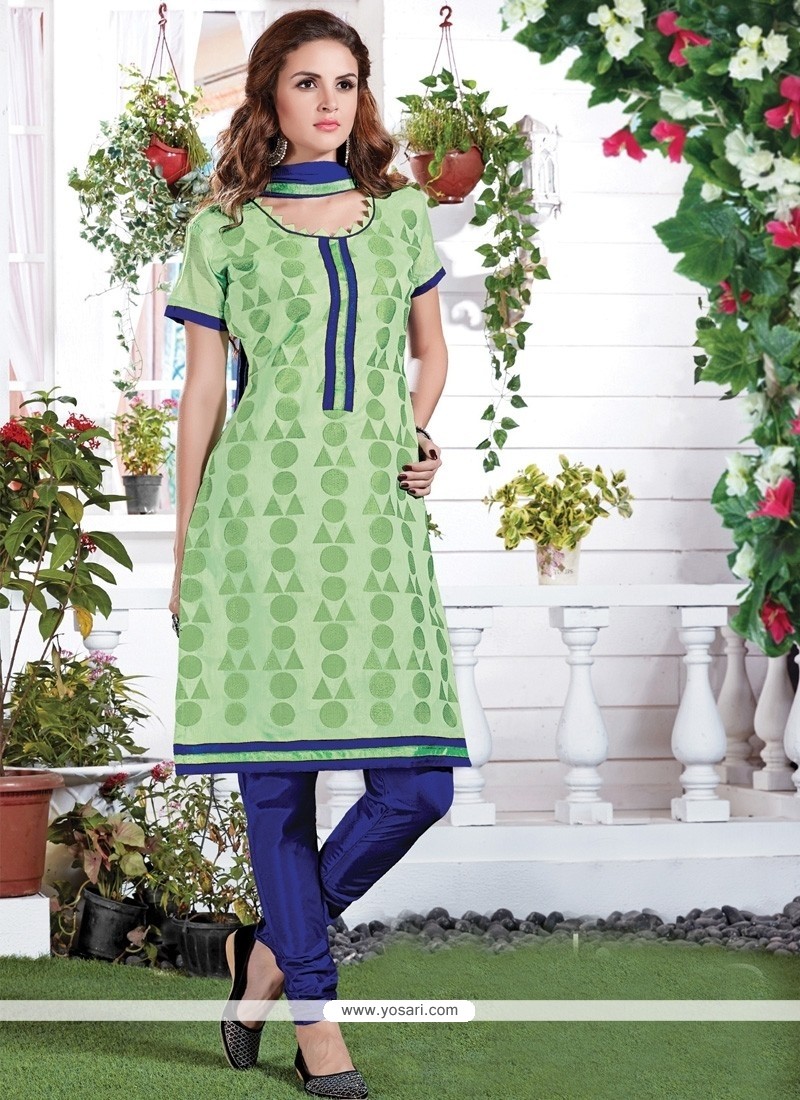 Remarkable Embroidered Work Chanderi Green Churidar Suit