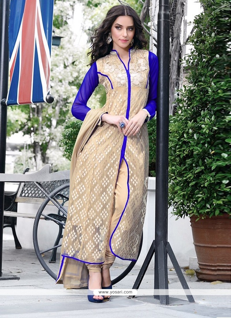 Cream And Blue Embroidery Work Churidar Suit