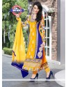 Yellow And Blue Pure Georgette Churidar Suit