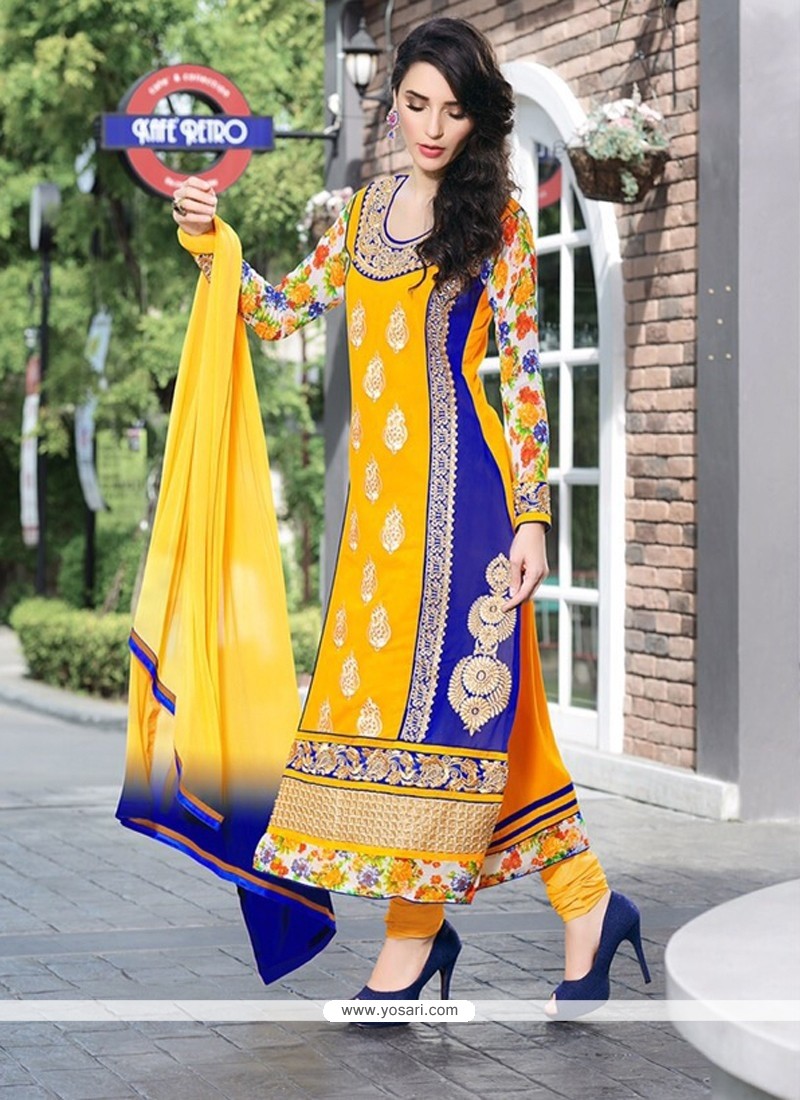 Yellow And Blue Pure Georgette Churidar Suit