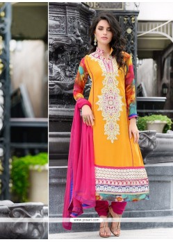 Mustard And Magenta Pure Georgette Churidar Suit