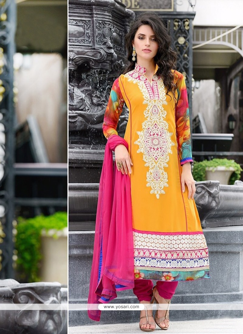 Mustard And Magenta Pure Georgette Churidar Suit