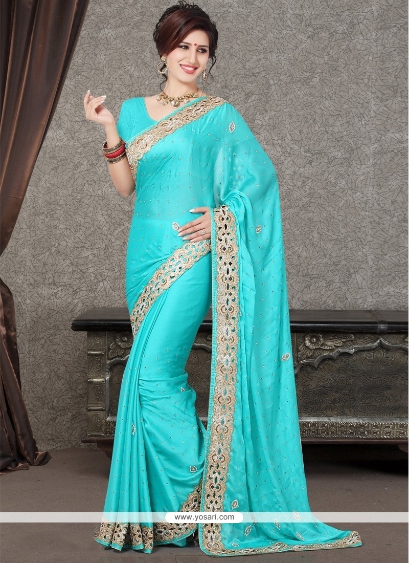 Eye-catchy Satin Turquoise Resham Work Designer Saree