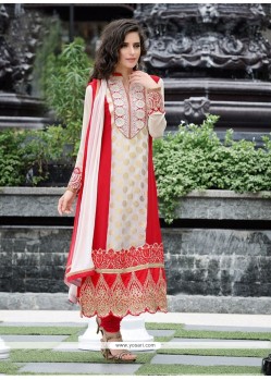 Off White And Red Pure Georgette Churidar Suit