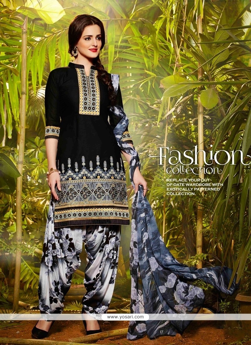 Imposing Black Lace Work Cotton Designer Patiala Suit