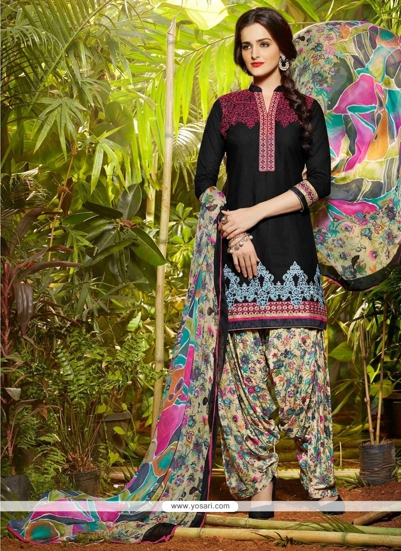 Lively Embroidered Work Cotton Black Designer Patiala Suit