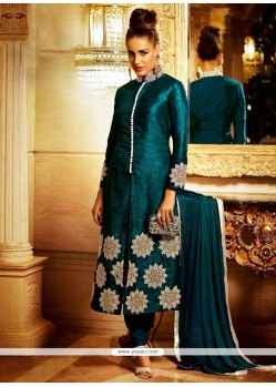 Majestic Embroidered Work Teal Bhagalpuri Silk Designer Suit