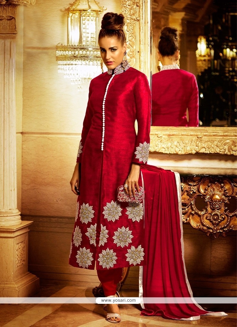 Imposing Resham Work Red Bhagalpuri Silk Designer Suit