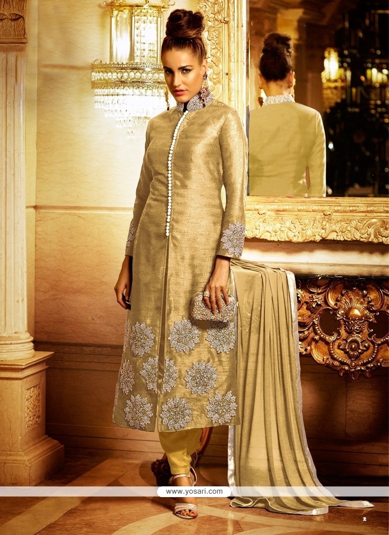 Trendy Resham Work Bhagalpuri Silk Beige Designer Suit