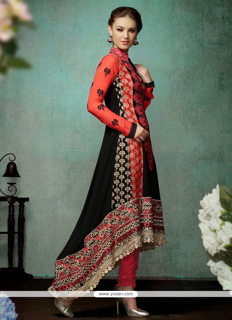 Black And Red Georgette Churidar Salwar Suit