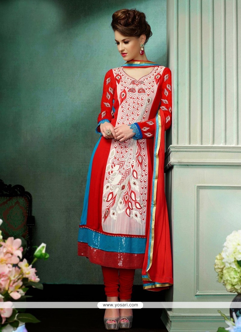 Amazing Red Resham Churidar Salwar Suit