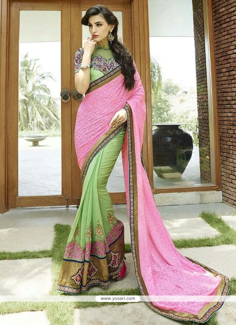 Lustrous Lace Work Pink And Sea Green Designer Saree