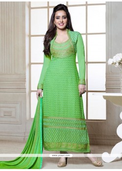 Neha Sharma Green Resham Churidar Suit