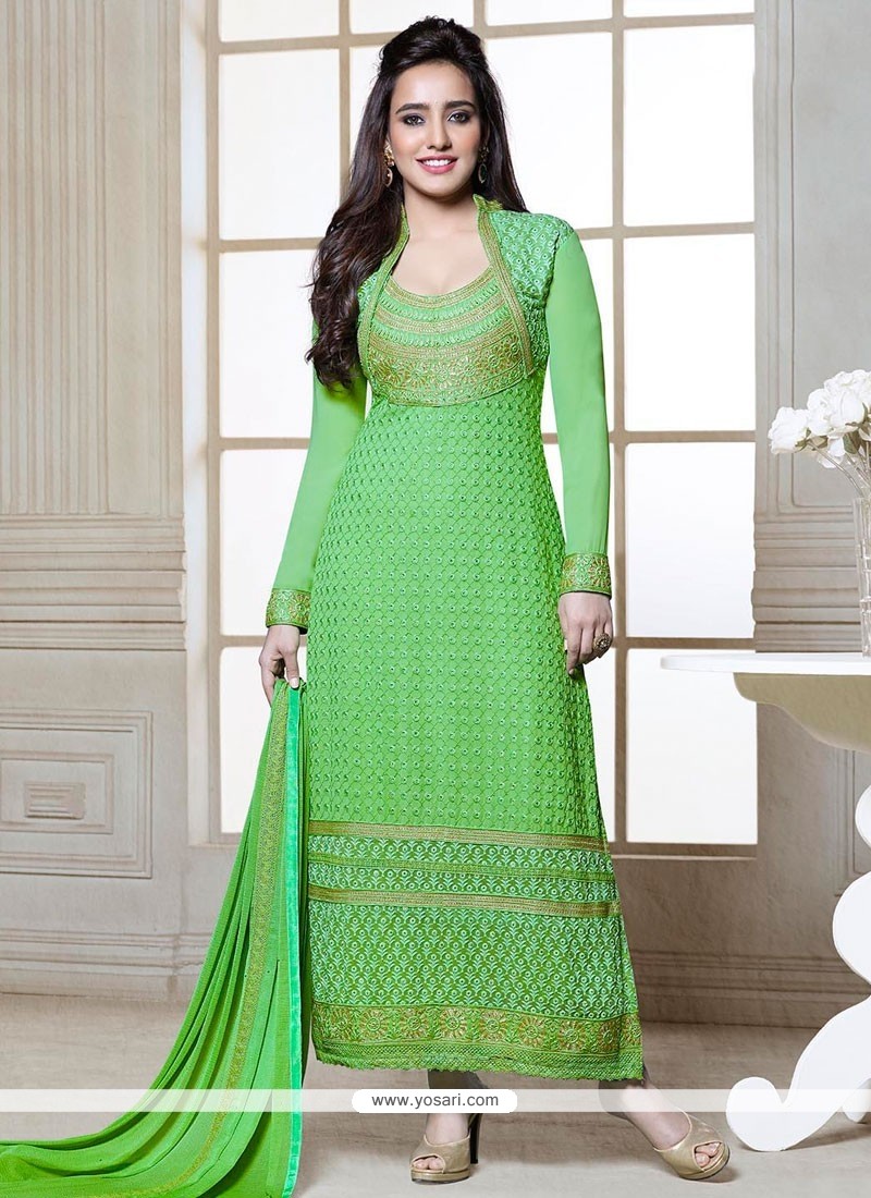 Neha Sharma Green Resham Churidar Suit
