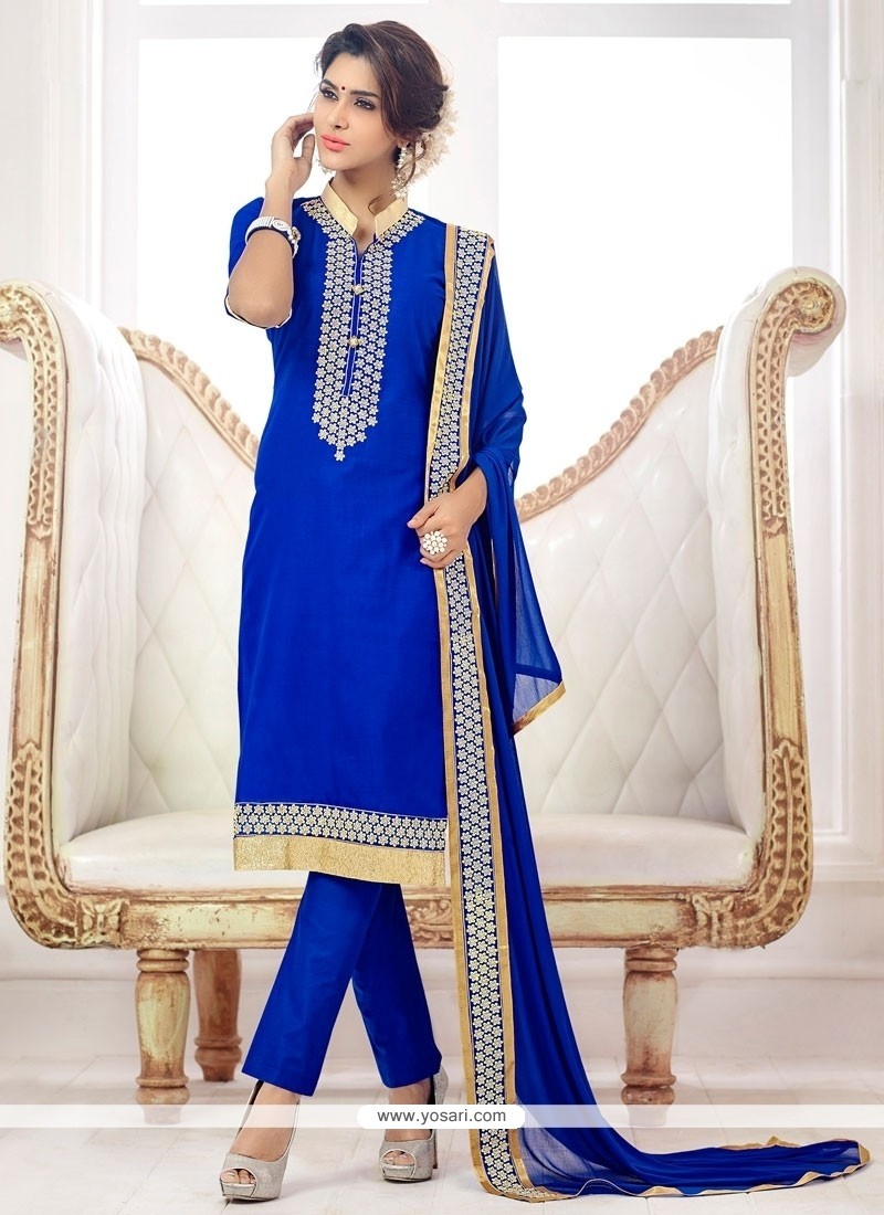 Dignified Embroidered Work Blue Cotton Churidar Salwar Kameez