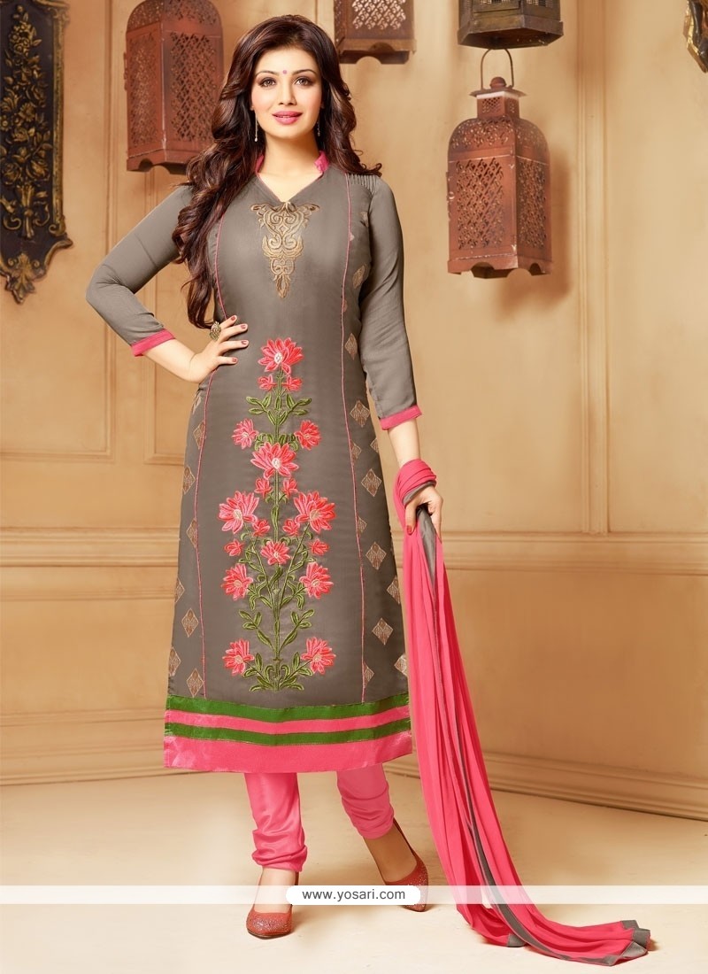 Delightsome Grey Embroidered Work Faux Chiffon Churidar Designer Suit