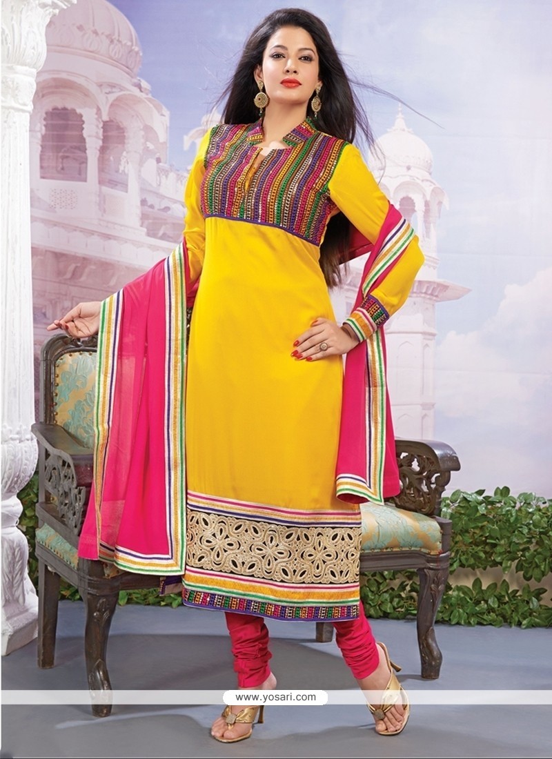 Astonishing Georgette Yellow Embroidered Work Designer Straight Salwar Kameez