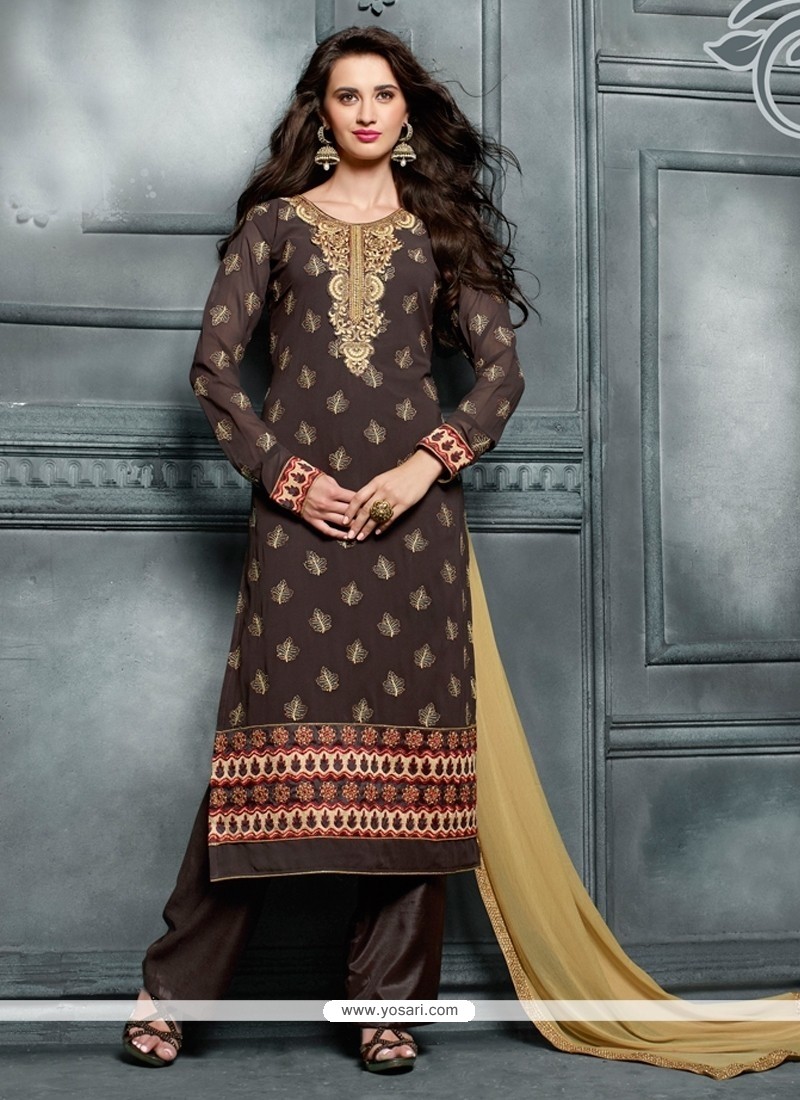 Delectable Resham Work Brown Georgette Designer Pakistani Salwar Suit