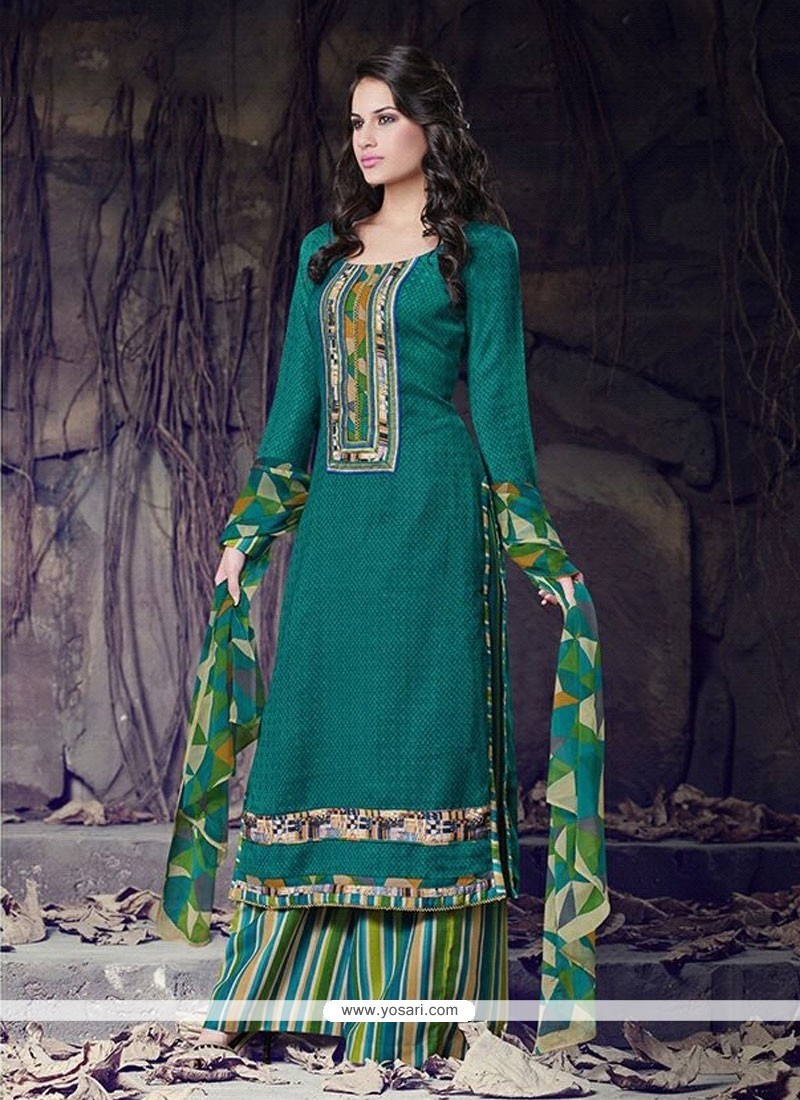Bewitching Teal Lace Work Cotton Designer Palazzo Suit