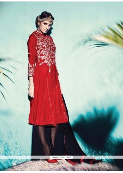 Titillating Velvet Red Embroidered Work Pant Style Suit