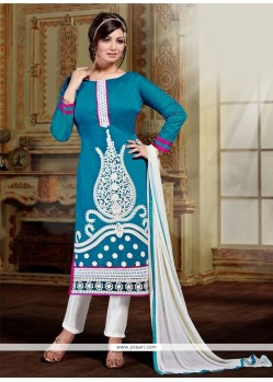 Refreshing Resham Work Blue Silk Designer Straight Salwar Kameez