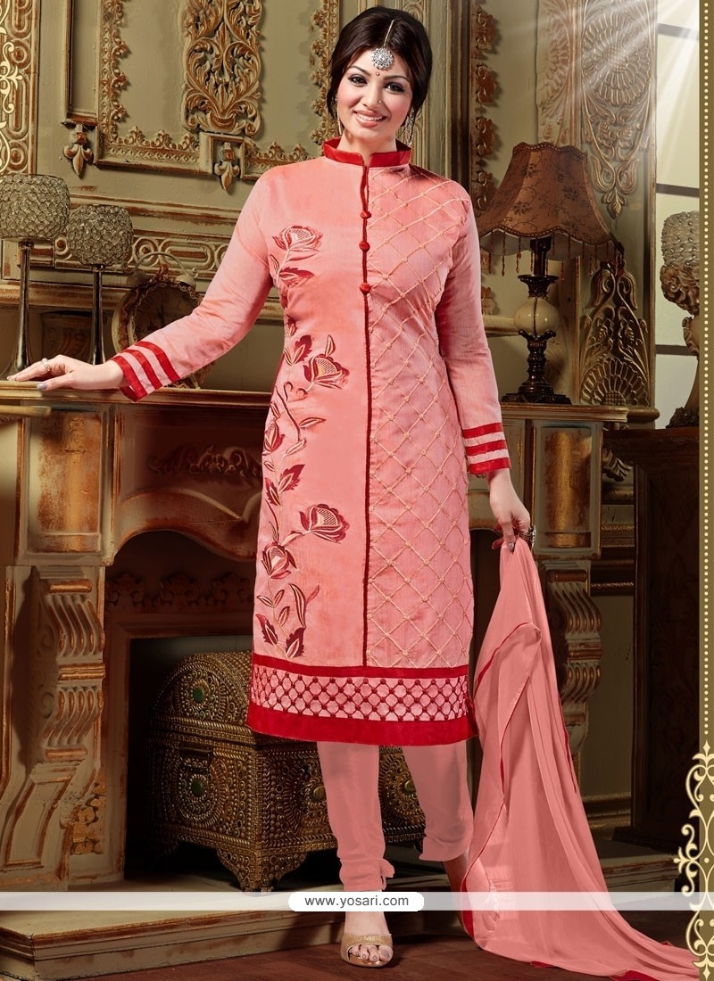 Lustre Resham Work Silk Peach Designer Straight Salwar Kameez