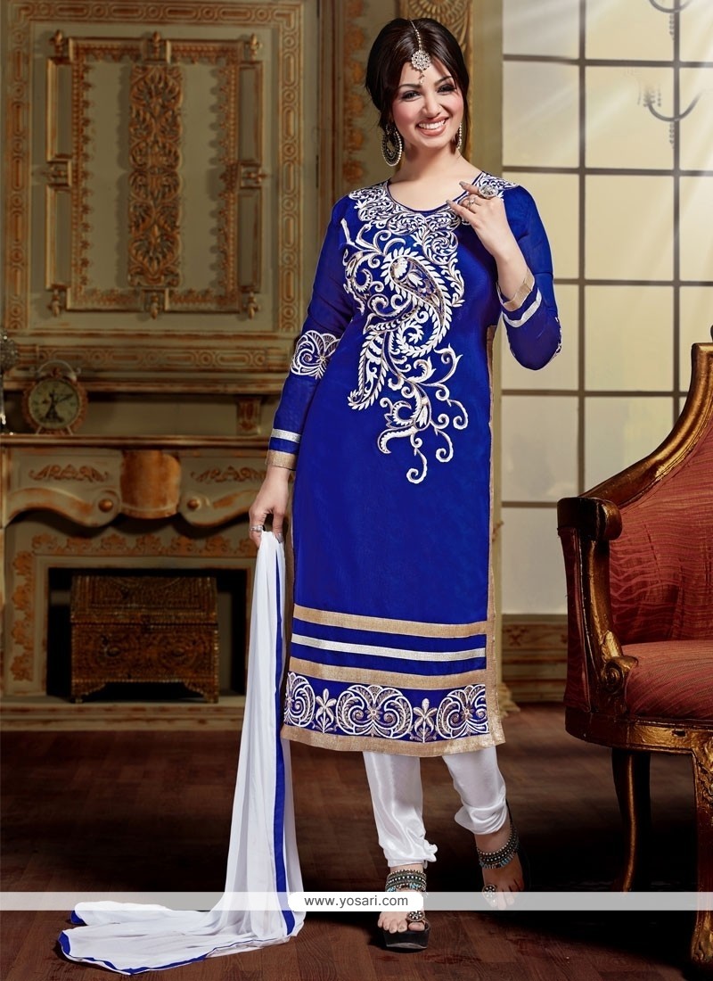 Snazzy Blue Lace Work Chanderi Designer Straight Salwar Kameez