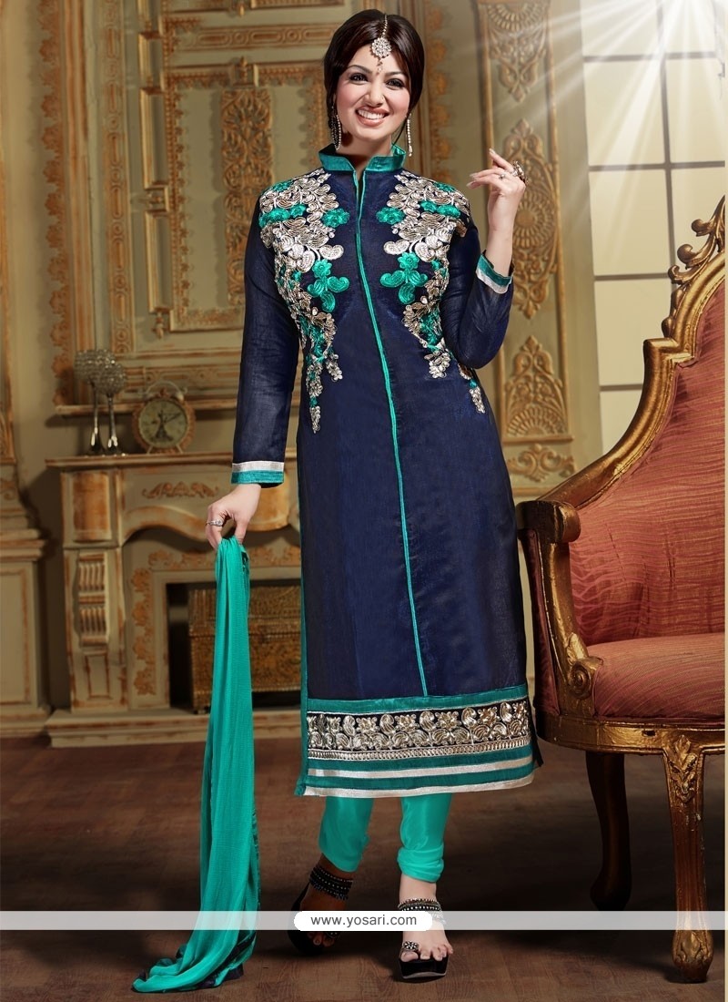 Vivacious Chanderi Blue Lace Work Designer Straight Salwar Kameez